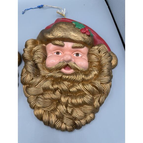 Vintage Plastic Santa Face Wall Plaques Gold Beard Christmas Decorations Pair - Picture 3 of 6